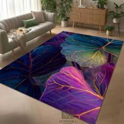 Tropical Leaves Area Rug Teal, Purple, Gold Botanical Jungle Mat - thumbnail 2