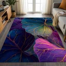 Tropical Leaves Area Rug Teal, Purple, Gold Botanical Jungle Mat - thumbnail 1