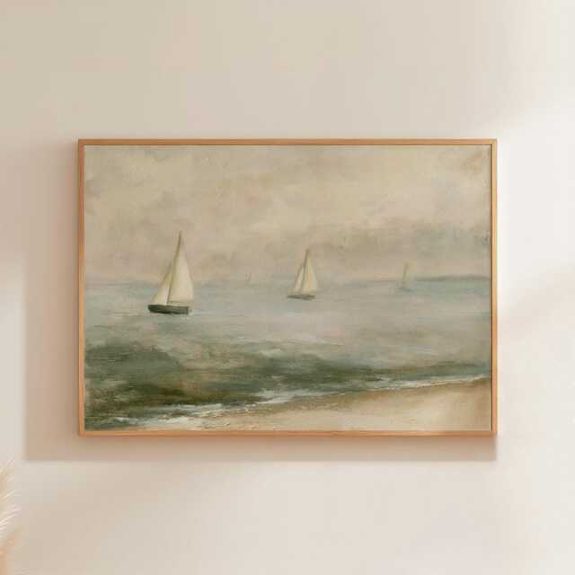 Coastal Landscape Poster, Blue Seascape Wall Art, Soft Beach Painting - image 1
