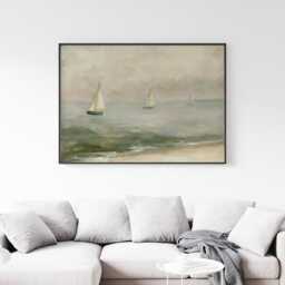 Coastal Landscape Poster, Blue Seascape Wall Art, Soft Beach Painting - thumbnail 3