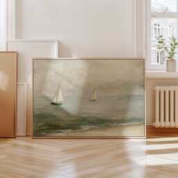 Coastal Landscape Poster, Blue Seascape Wall Art, Soft Beach Painting - thumbnail 4