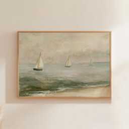 Coastal Landscape Poster, Blue Seascape Wall Art, Soft Beach Painting - thumbnail 1
