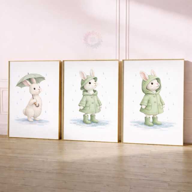 Rabbit Nursery Prints - Set Of 3 Green Bunny Girls Wall Art, Girl Animal Decor - image 1