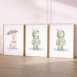 Rabbit Nursery Prints - Set Of 3 Green Bunny Girls Wall Art, Girl Animal Decor - thumbnail 1