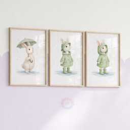 Rabbit Nursery Prints - Set Of 3 Green Bunny Girls Wall Art, Girl Animal Decor - thumbnail 2