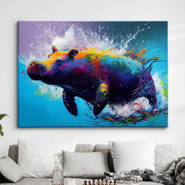 Colorful Swimming Hippo Abstract Oil Painting Splatter Style Wall Art, Framed Canvas Poster Print, Home Kitchen Office Room Decor, Gifts - image 1