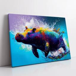Colorful Swimming Hippo Abstract Oil Painting Splatter Style Wall Art, Framed Canvas Poster Print, Home Kitchen Office Room Decor, Gifts - thumbnail 2