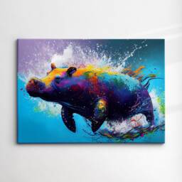 Colorful Swimming Hippo Abstract Oil Painting Splatter Style Wall Art, Framed Canvas Poster Print, Home Kitchen Office Room Decor, Gifts - thumbnail 3
