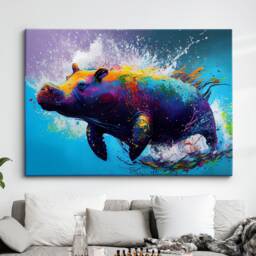 Colorful Swimming Hippo Abstract Oil Painting Splatter Style Wall Art, Framed Canvas Poster Print, Home Kitchen Office Room Decor, Gifts - thumbnail 1