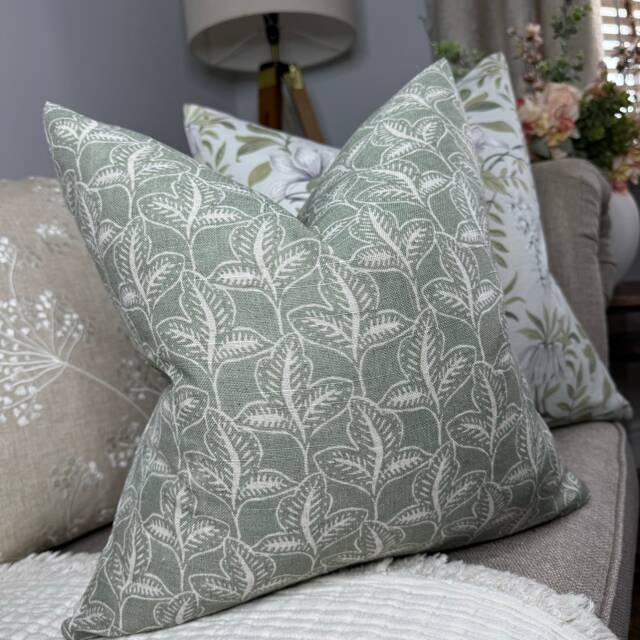 Green Leaf Cushion Cover, Dusty Green Pillow Modern Sofa John Lewis Fabric , Country/Farmhouse Home Decor - image 1