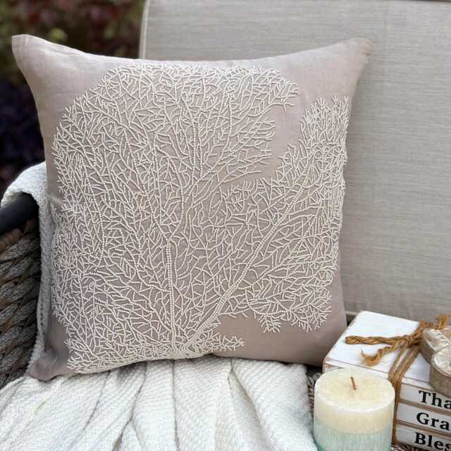 "Cotton Linen Beaded Coastal Mocha Beige Decorative Pillow Sham, 24""x24""/26""x26" - image 1