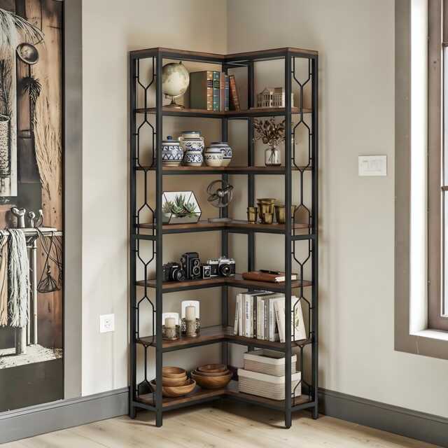 7 Tier Corner Bookshelf Storage Organizer, Rustic Brown Bookcase, Home Decor Housewarming Gift Shelf - image 1