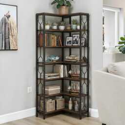 7 Tier Corner Bookshelf Storage Organizer, Rustic Brown Bookcase, Home Decor Housewarming Gift Shelf - thumbnail 2