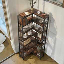 7 Tier Corner Bookshelf Storage Organizer, Rustic Brown Bookcase, Home Decor Housewarming Gift Shelf - thumbnail 3