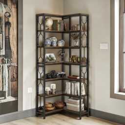 7 Tier Corner Bookshelf Storage Organizer, Rustic Brown Bookcase, Home Decor Housewarming Gift Shelf