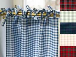 Gingham Curtains Tie Tops For Hanging in Kitchen, Natural French Style Valances, Tartan Plaid Drapes Light Filtering Drapery Cabinet Skirt - thumbnail 1