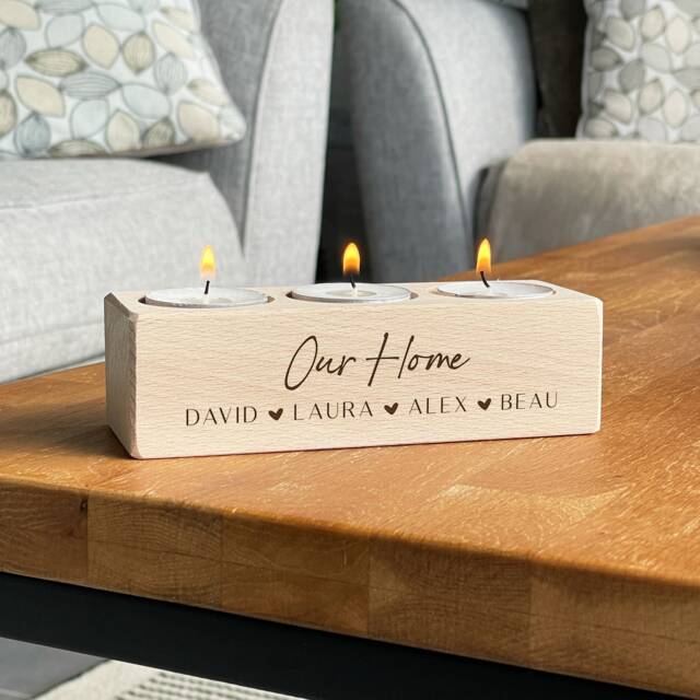 Personalised Family Beech Wood Tealight Candle Holder Engraved Home Decor - image 1