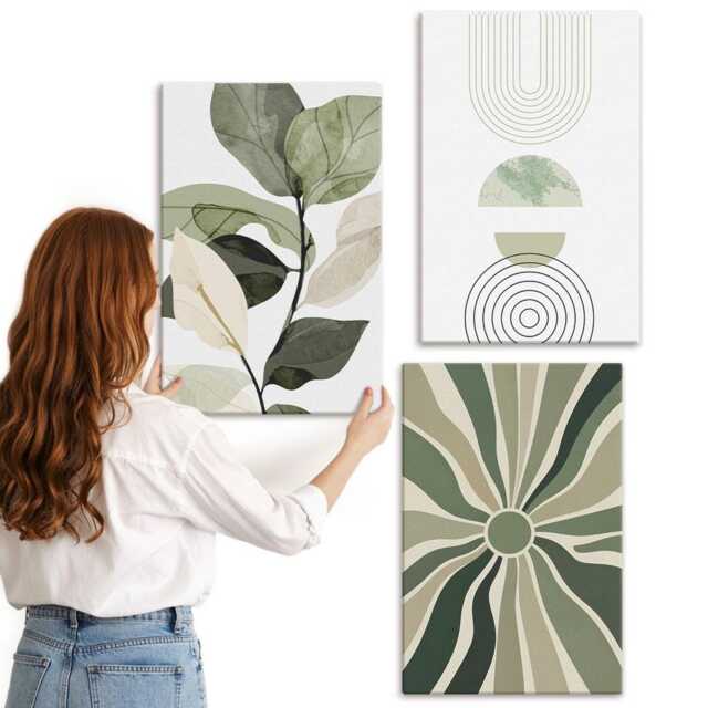 Canvas Set Of 3 - Plant Motifs With Geometric Shapes in Green, Green Wall Art Large, Plants & Flowers Hanging Piece - image 1
