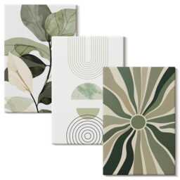Canvas Set Of 3 - Plant Motifs With Geometric Shapes in Green, Green Wall Art Large, Plants & Flowers Hanging Piece - thumbnail 2