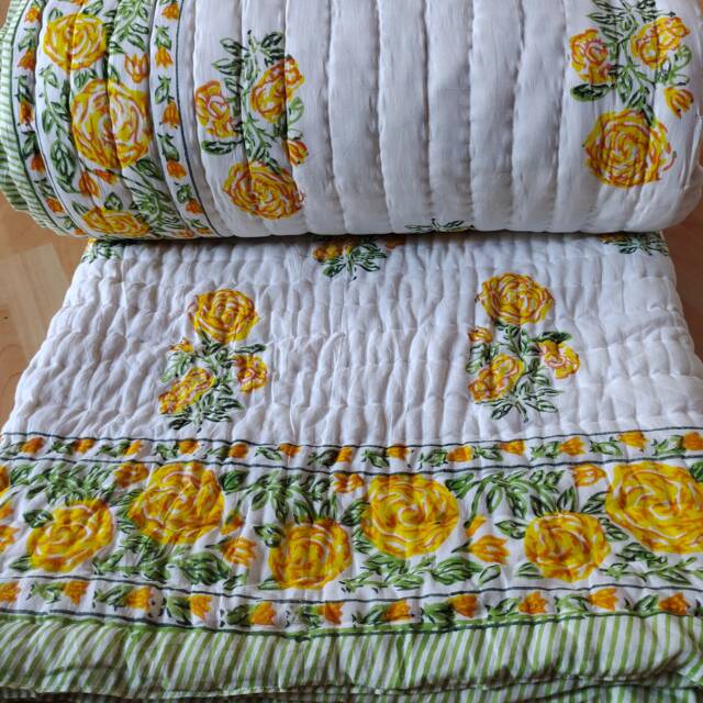 Yellow Flower Block Print Quilt Reversible Cotton Queen Bedding - image 1