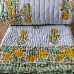 Yellow Flower Block Print Quilt Reversible Cotton Queen Bedding - thumbnail 1