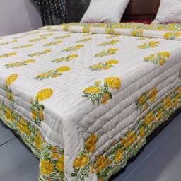 Yellow Flower Block Print Quilt Reversible Cotton Queen Bedding - thumbnail 2