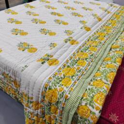 Yellow Flower Block Print Quilt Reversible Cotton Queen Bedding - thumbnail 3