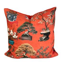 Scarlet Red Bonsai Tree Cushion Cover Oriental Botanical Cotton Velvet Pillow - thumbnail 1