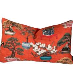 Scarlet Red Bonsai Tree Cushion Cover Oriental Botanical Cotton Velvet Pillow - thumbnail 3