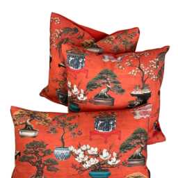 Scarlet Red Bonsai Tree Cushion Cover Oriental Botanical Cotton Velvet Pillow - thumbnail 2