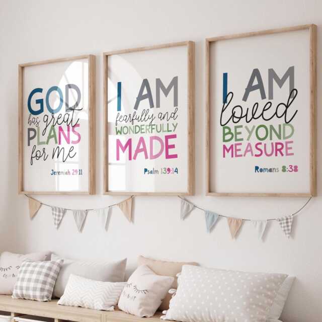 Set Of 3 Bible Verse Prints, Christian Wall Art, Rainbow Sunday School Decor, Girls Bedroom Nursery Scripture Print