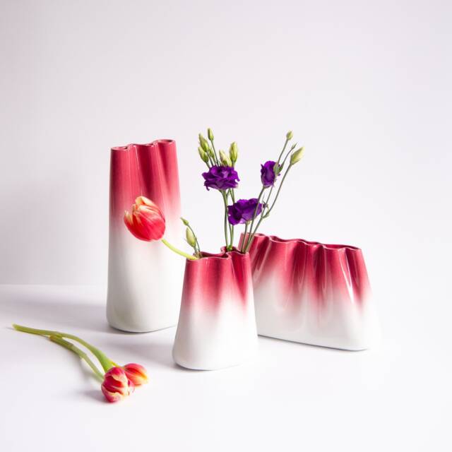 Porcelain Jumony Vase Set Of 3 - Sky Blue To Sunset Red - image 1