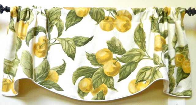 Yellow & Green -Fruit Window Valance Corded Lined Rod Pocket Scalloped Cotton Made To Order - image 1