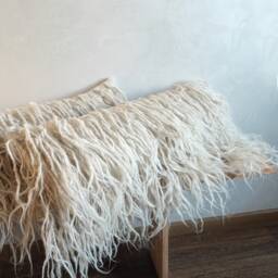 Ivory Wool Decorative Pillow, Textured Flokati Cushion Cover For Sofa, Living Room, Woven Farmhouse Winter Decor - thumbnail 2