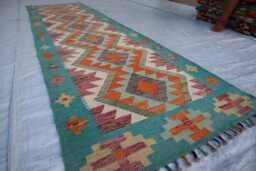 3x10 Maimana Blue Chubi Afghan Runner Rug, Handmade Kilim Stunning Flatweave Oriental Turkmen Hallway Rug - thumbnail 1