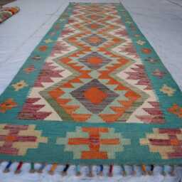3x10 Maimana Blue Chubi Afghan Runner Rug, Handmade Kilim Stunning Flatweave Oriental Turkmen Hallway Rug - thumbnail 2
