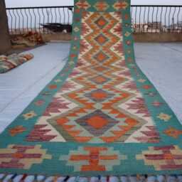 3x10 Maimana Blue Chubi Afghan Runner Rug, Handmade Kilim Stunning Flatweave Oriental Turkmen Hallway Rug - thumbnail 4