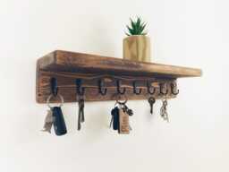 Wooden Key Holder With Shelf, Rustic Wall Mounted Rack, Handcrafted Hallway Storage, Metal Hooks, Handmade Shelving, Solid Wood