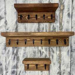 Wooden Key Holder With Shelf, Rustic Wall Mounted Rack, Handcrafted Hallway Storage, Metal Hooks, Handmade Shelving, Solid Wood - thumbnail 2