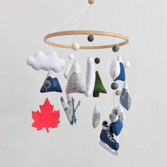 Sports Nursery Mobile, Canada Theme, Skis, Hockey Skates, Mountain Crib Decor, Baby Shower Gift - image 1