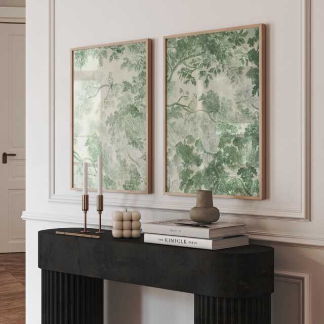 Set Of 2 Green Botanical Prints - Toile-Inspired Leaf Wall Art Vintage Style Nature For Bedroom Or Living Room - image 1
