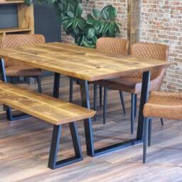 Louth Vf Dining Table Solid Wood Chamfer Edge - Industrial V Frame Steel Legs Modern Rustic Interior Design Cozy Natural & Stylish - thumbnail 2