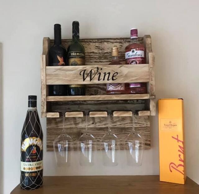 Rustic Wooden Wine Rack Wall Hanging Glass Holders & Hand Personalised - 100% Recycled Wood Bespoke - image 1