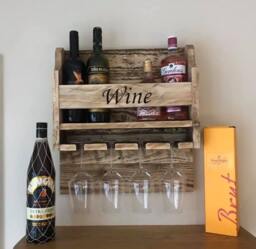 Rustic Wooden Wine Rack Wall Hanging Glass Holders & Hand Personalised - 100% Recycled Wood Bespoke