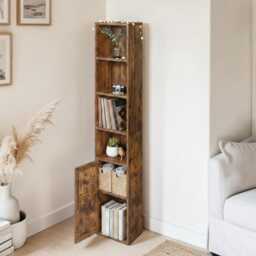 Rustic Farmhouse Tall Bookcase With Door Narrow Wooden Storage Shelf Organizer - thumbnail 3