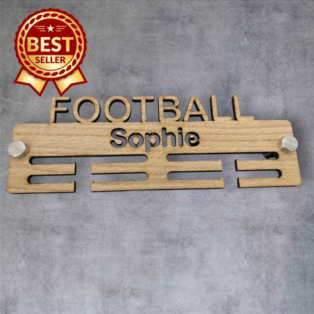 Football Medal Hanger - Wood Colours, Custom Name & Colour - image 1