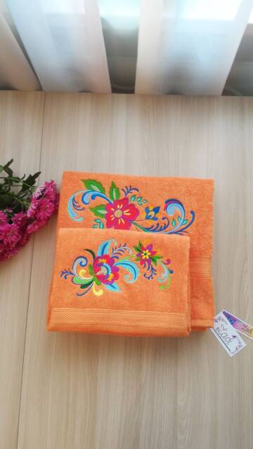 Set Orange Terry Towels With Floral Embroidery. Size 50-90cm & 65-130 cm - image 1