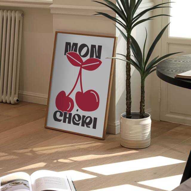 Retro Mon Ch??ri Print - Kitchen Print, Cherry Food Wall Art, Decor, Minimalist French Red & Black - image 1
