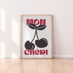 Retro Mon Ch??ri Print - Kitchen Print, Cherry Food Wall Art, Decor, Minimalist French Red & Black - thumbnail 2