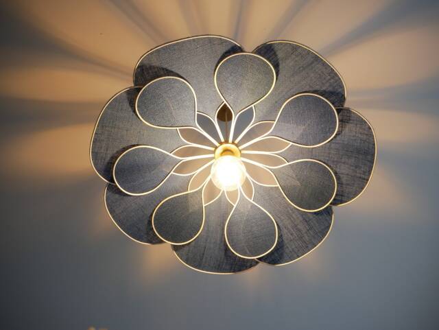 Flower Pendant Light in Linen, Rattan & Wood - Handmade Floral Ceiling Lamp Japandi Wabi Sabi Lighting Organic Modern Decor - image 1